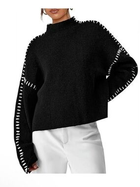 PRETTYGARDEN Women's Chunky Oversized Knit Sweater - Black with White Stitching